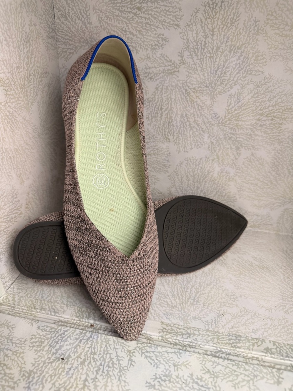 Rothy's Pointed Knit Flats in Heathered Taupe with Blue Accent